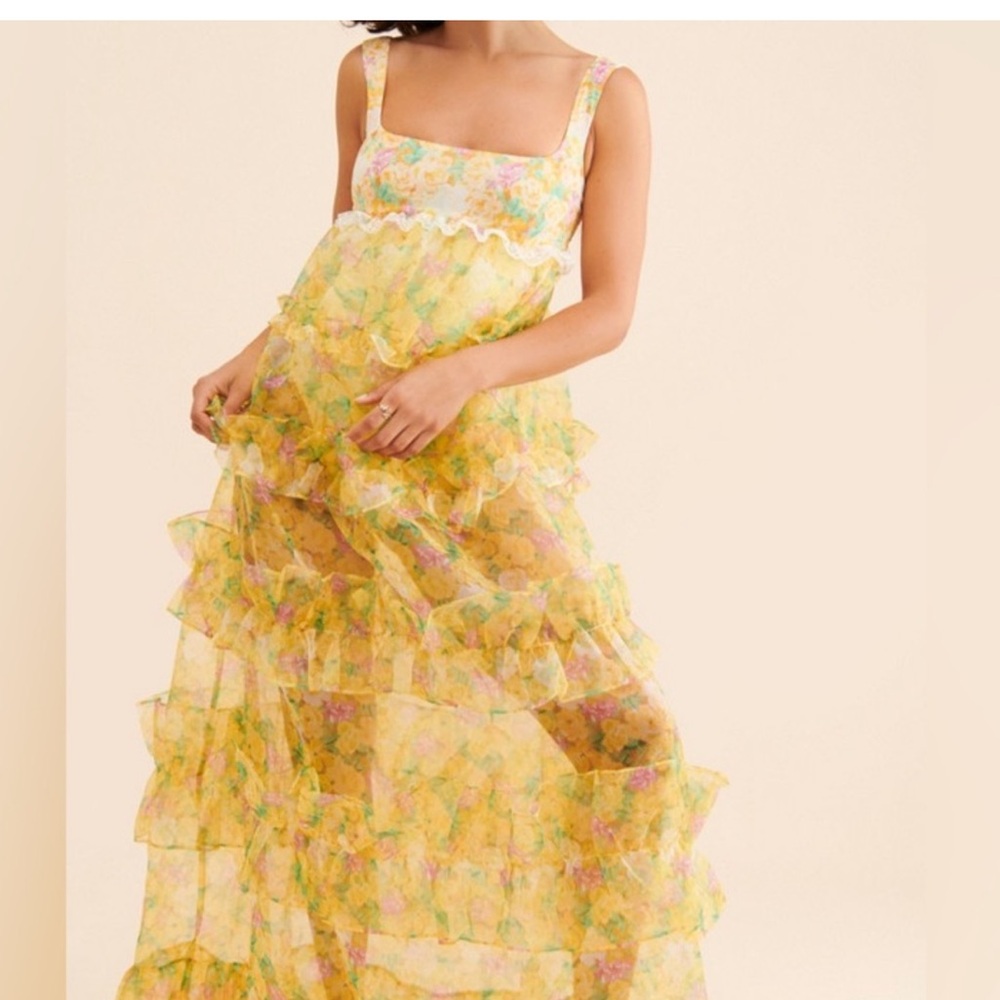For Love And Lemons Yellow Floral Ruffle Dress
